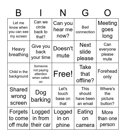 Online meeting Bingo Card
