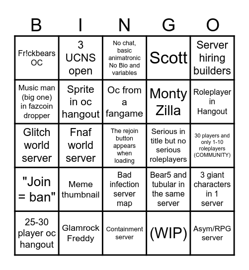 TPRR bingo Card