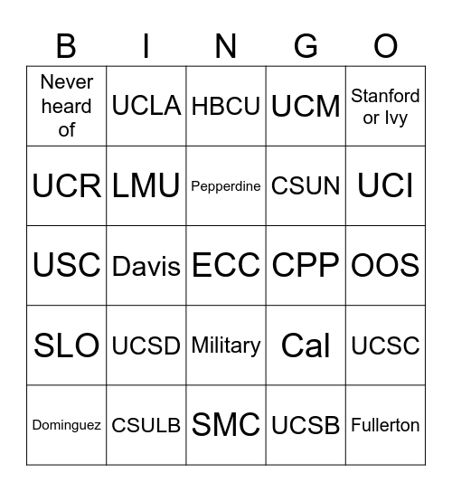 College Bingo Card
