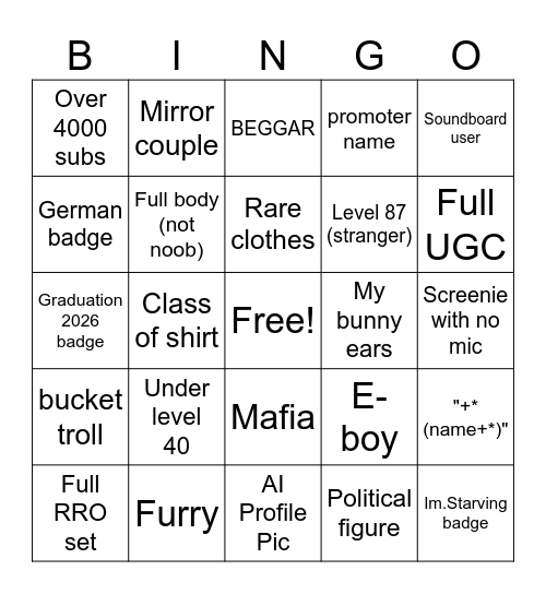 Rec Room Bingo Card Bingo Card