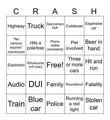 Car crash blackout Bingo Card