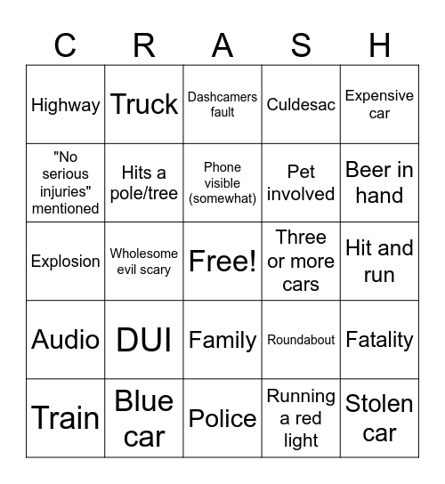 Car crash blackout Bingo Card