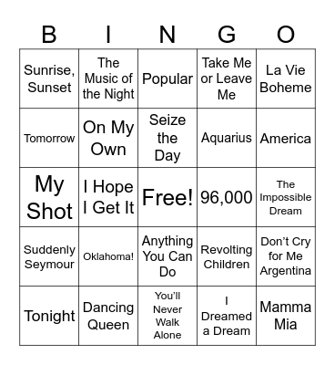Broadway Showtunes BINGO Card