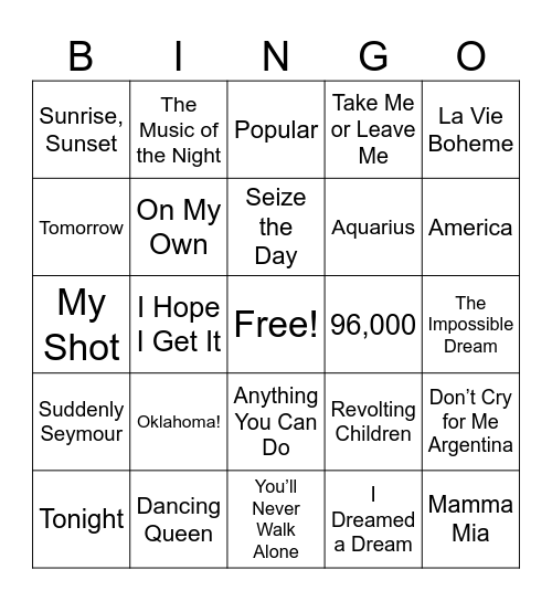 Broadway Showtunes BINGO Card