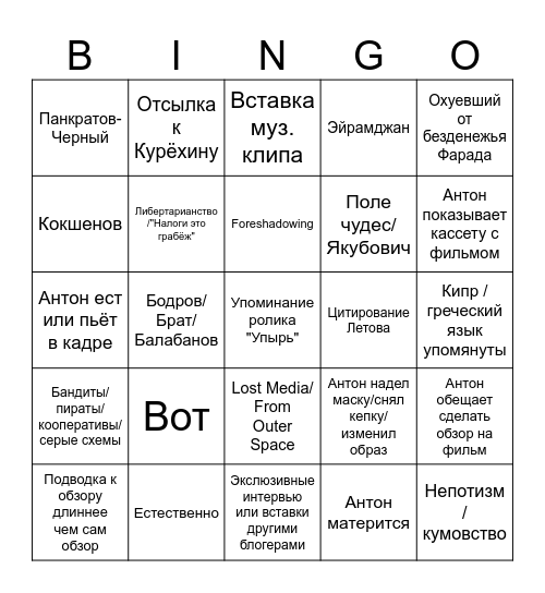 Эпоха VHS БИНГО Bingo Card