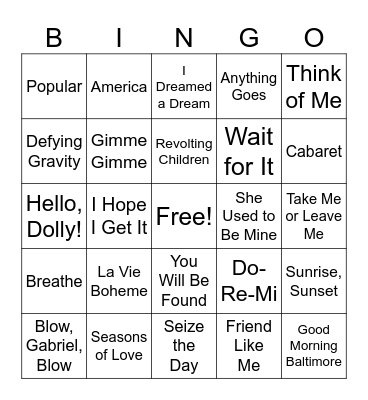 Broadway Showtunes Music BINGO Card