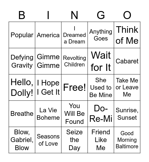 Broadway Showtunes Music BINGO Card