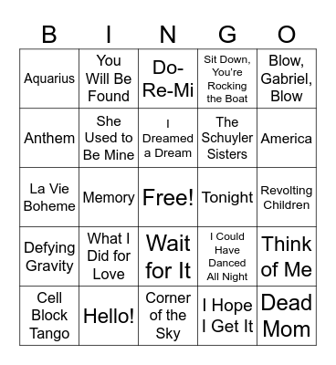 Broadway Showtunes Music BINGO Card