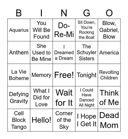 Broadway Showtunes Music BINGO Card