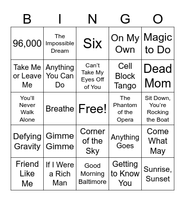 Broadway Showtunes Music BINGO Card