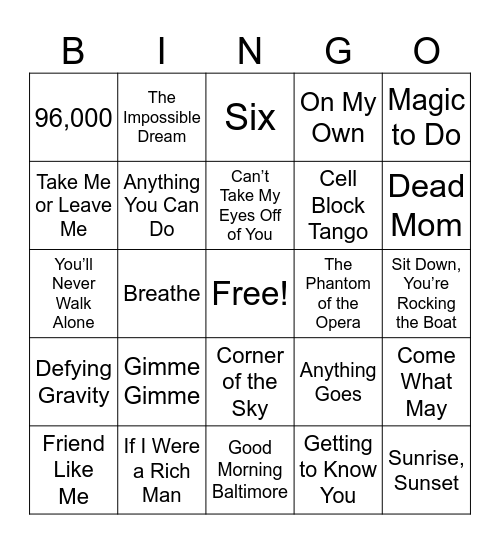 Broadway Showtunes Music BINGO Card