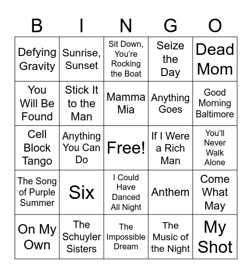 Broadway Showtunes Music BINGO Card
