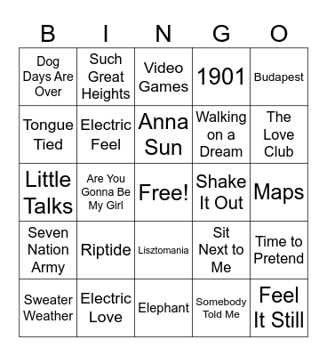 2000's Alternative/Indie Hits Bingo Card