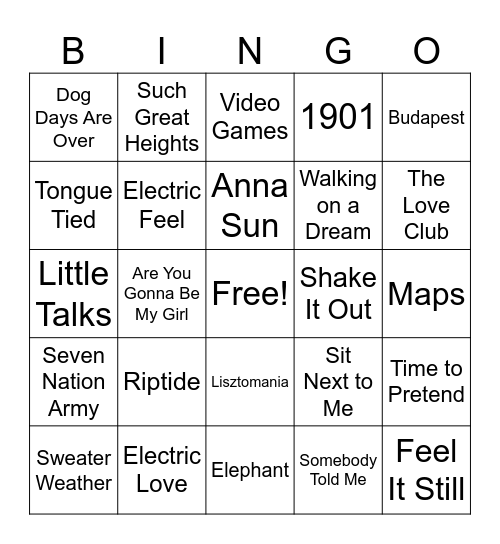 2000's Alternative/Indie Hits Bingo Card