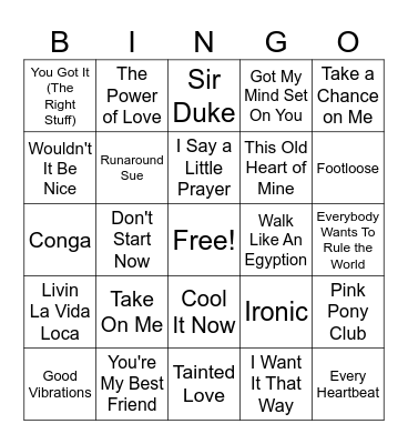 Pop Music Bingo Card