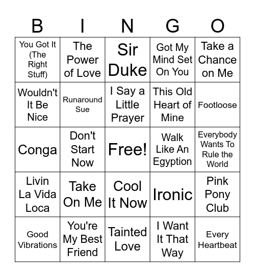 Pop Music Bingo Card