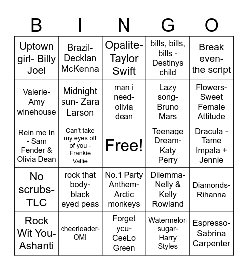 SU Bar Music Quiz 2026 Bingo Card