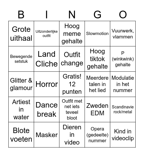 Eurovision Bingo Card