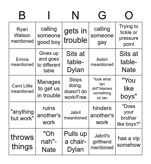 Dylan Bingo Card