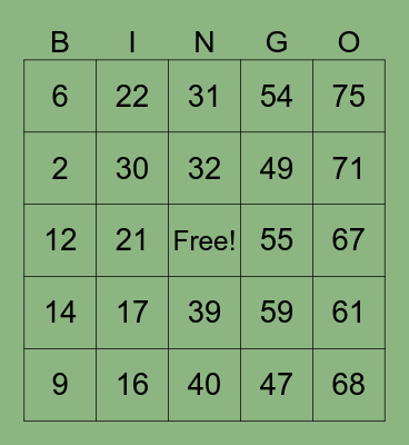 Jungle Bingo Card