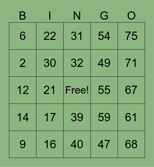Jungle Bingo Card