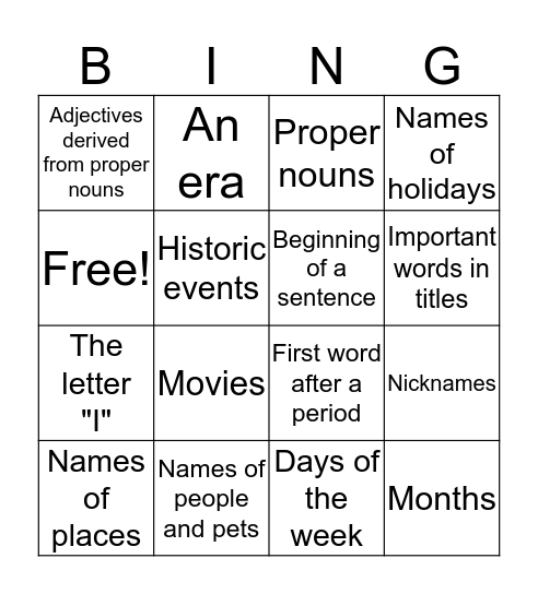 Capitalization Bingo Card