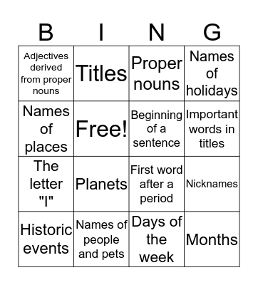 Capitalization Bingo Card