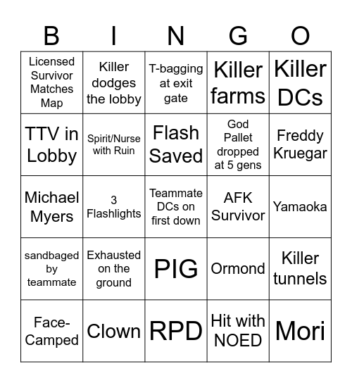 Ultimate DBD Bingo Card