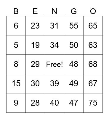 Número Bingo 1-75 Bingo Card
