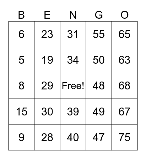 Número Bingo 1-75 Bingo Card