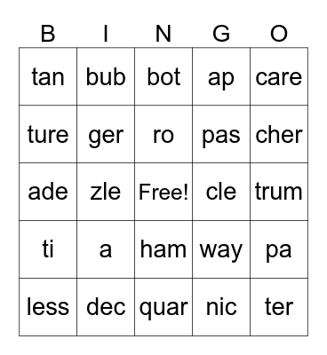Syllable Type Bingo Card