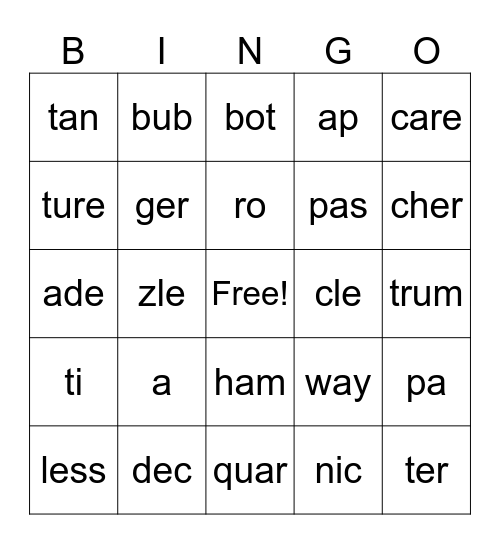 Syllable Type Bingo Card