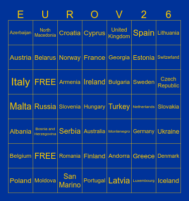 Eurovision 2026 Bingo Card