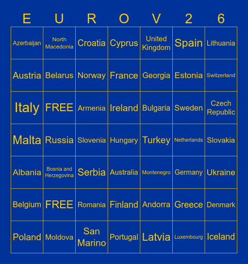 Eurovision 2026 Bingo Card