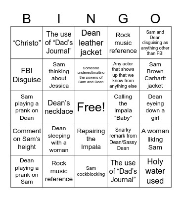 Supernatural Season 1 Bingo Card