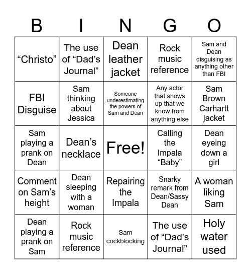 Supernatural Season 1 Bingo Card