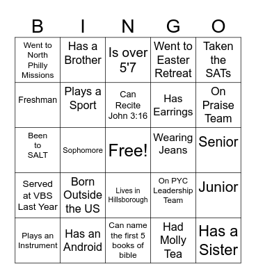 Sr. High Bingo Card