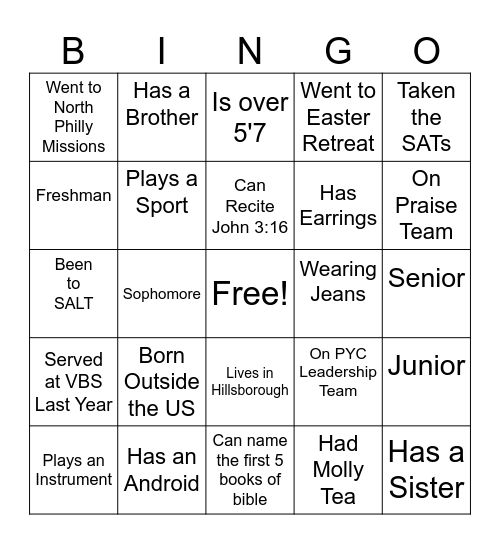 Sr. High Bingo Card