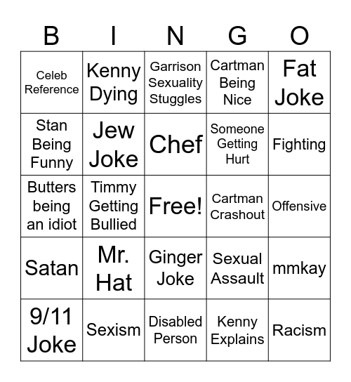 South Park Bingo Card