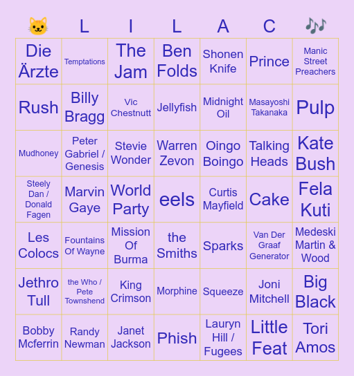 Lilac Music Bingo Card