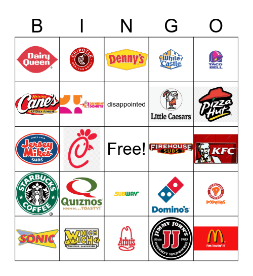 Fast Food Restaurant Logos Bingo Card