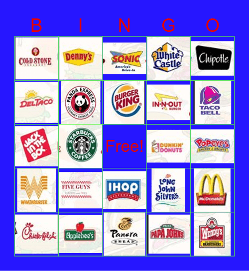 Fast Food Bingo Card