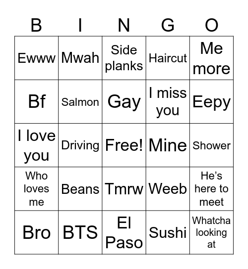 Girlfriend Bingo Card