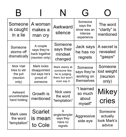 Temptation Island Part 2 Bingo Card