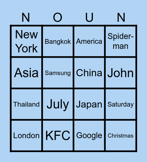 PROPER NOUN BINGO Card