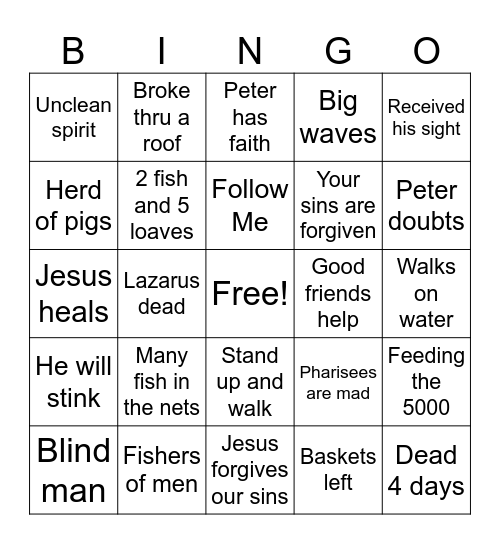 Jesus' Miracles Bingo Card
