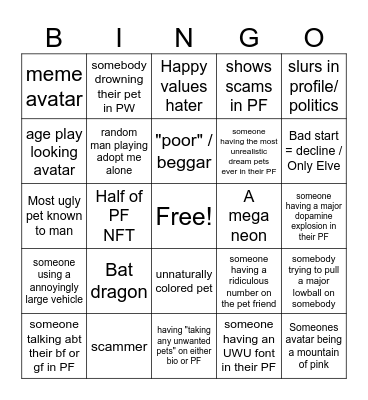 Adopt me Bingo Card