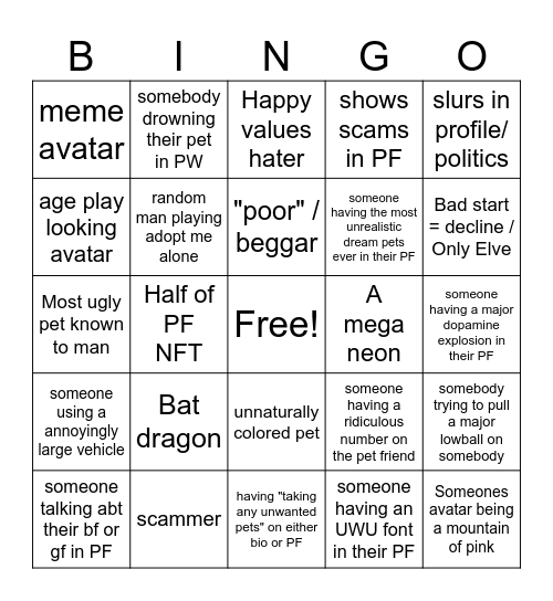 Adopt me Bingo Card