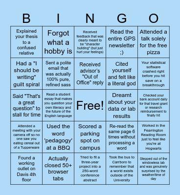 UNC Graduate Student Summer BINGO Card