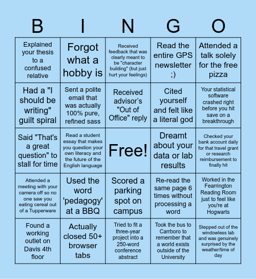 UNC Graduate Student Summer BINGO Card